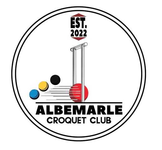 Albemarle Croquet Club logo: red ball hitting a hoop, other colored balls, black text on white circle. 
