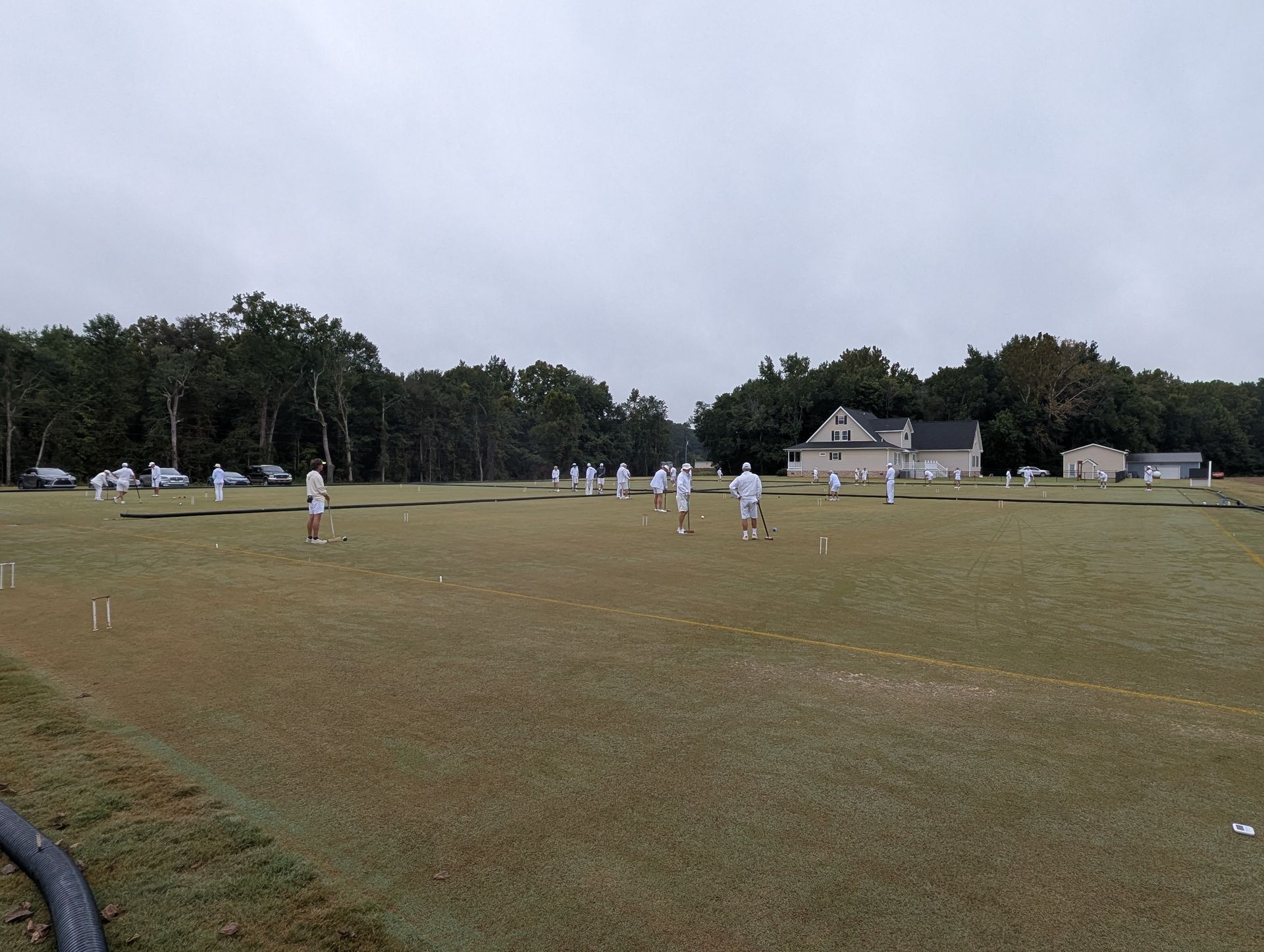 People playing croquet on a green field under an overcast sky. A small house and trees are in the background.