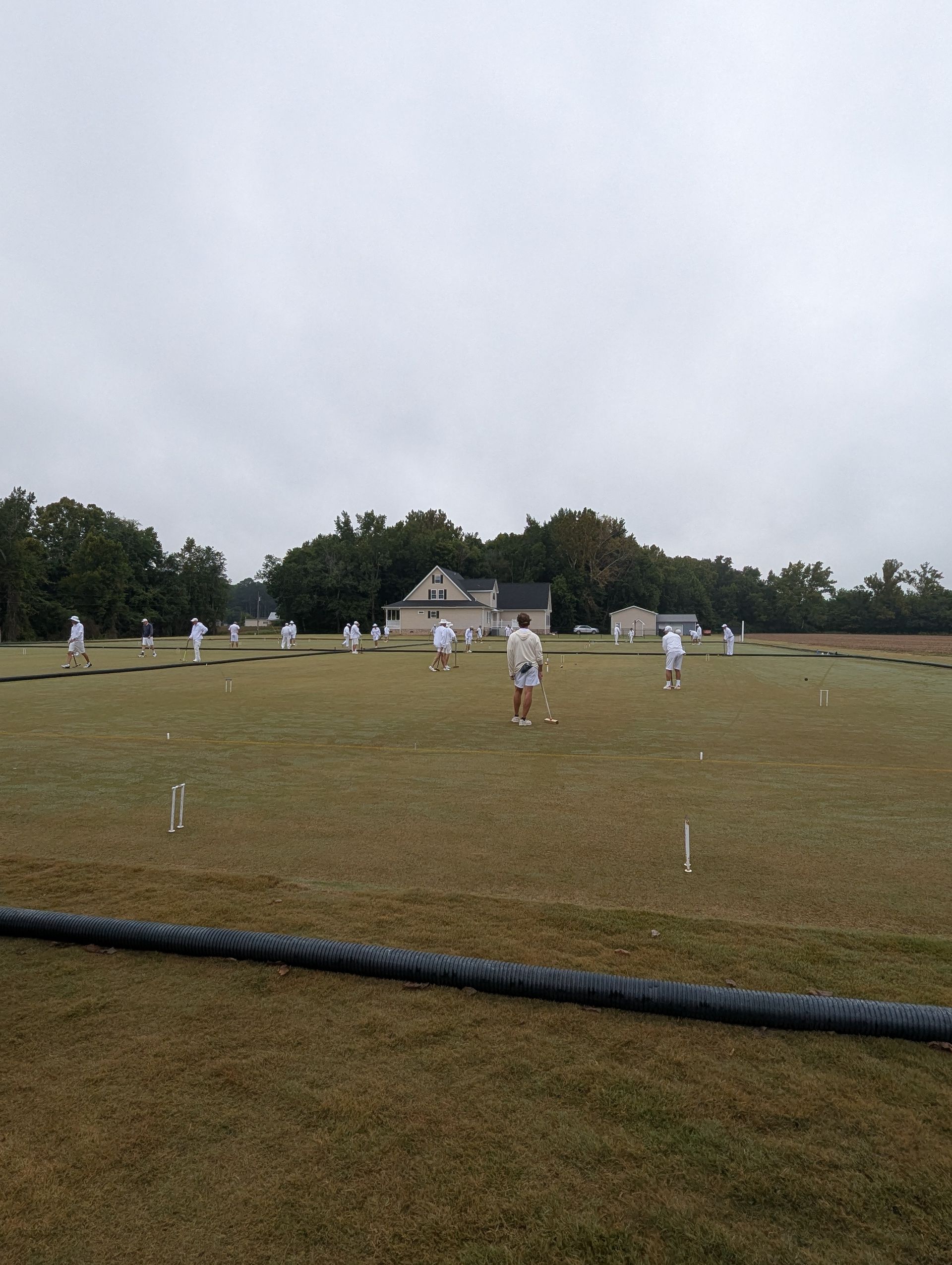 People playing croquet on a green field under a cloudy sky.