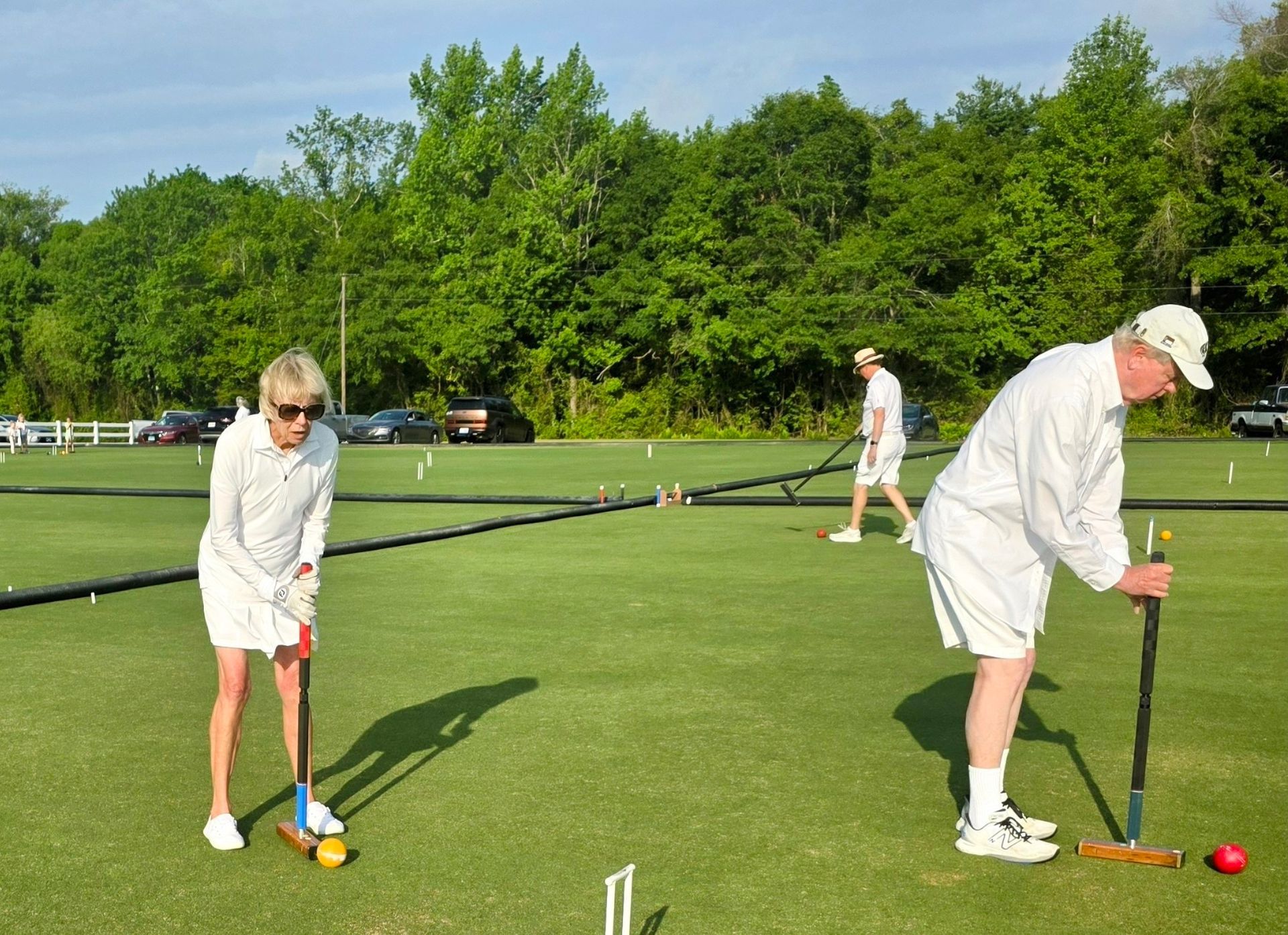 People in white playing croquet on a green lawn with trees in the background.