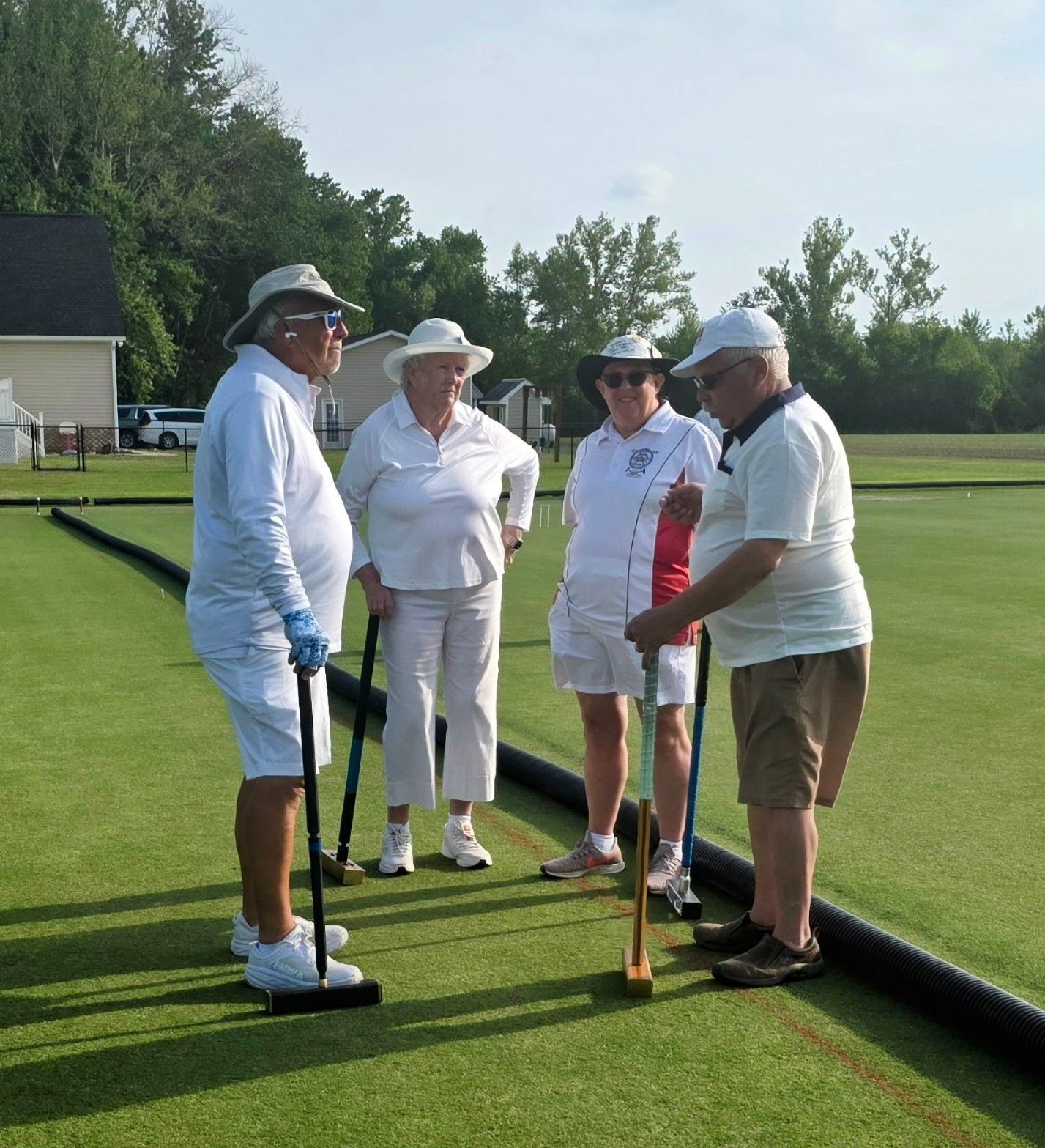 Four people in white attire on a croquet lawn, discussing tactics.