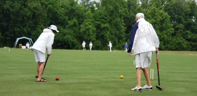 Two people playing croquet on a green field. Others watch in the background near trees and a tent.