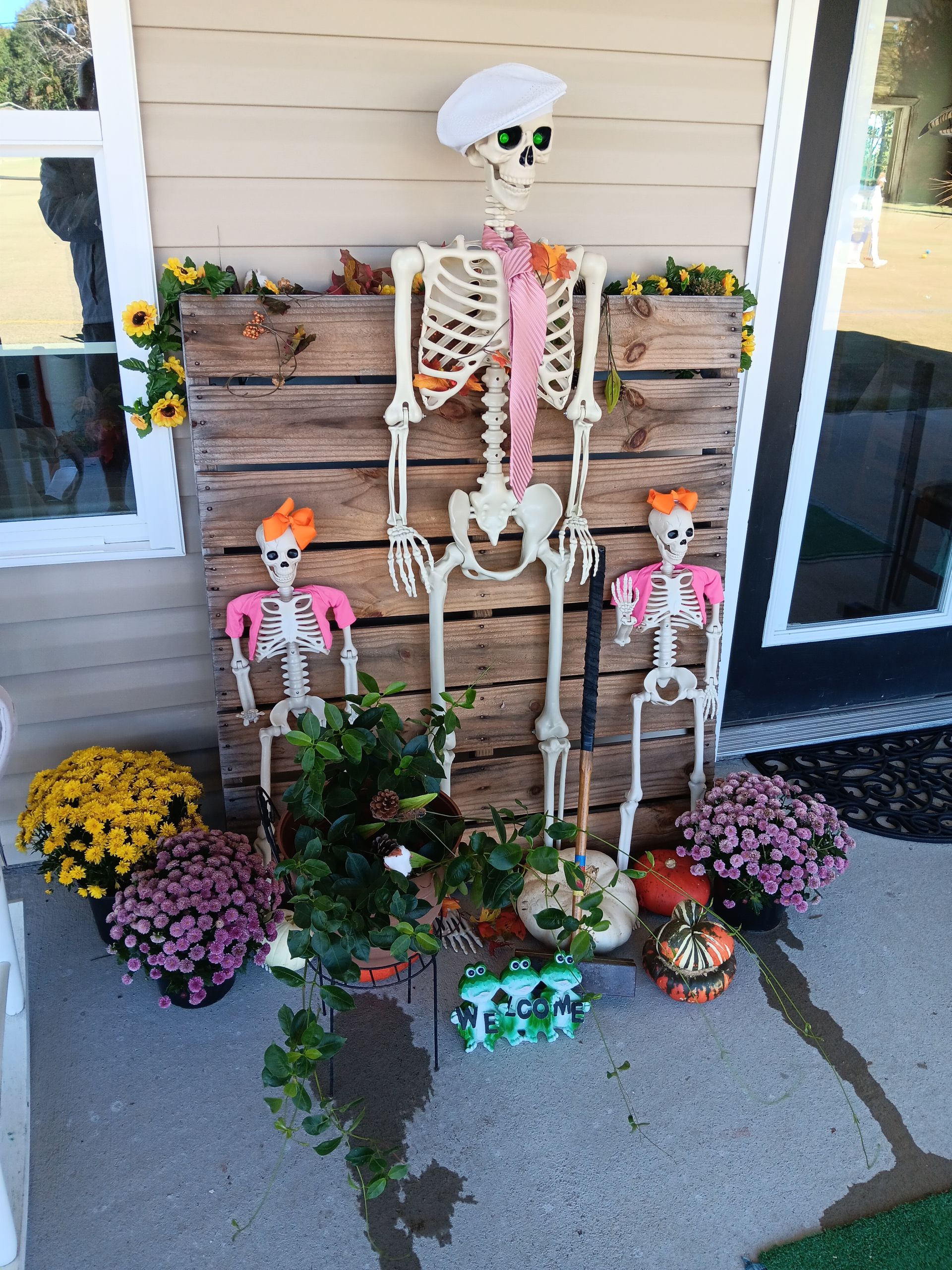 Halloween skeleton display with fall flowers, pumpkins, and a wooden backdrop.