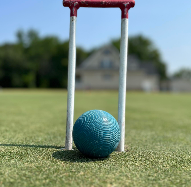Blue croquet ball passing through a red and white wicket on a green lawn with a blurred house in the background.